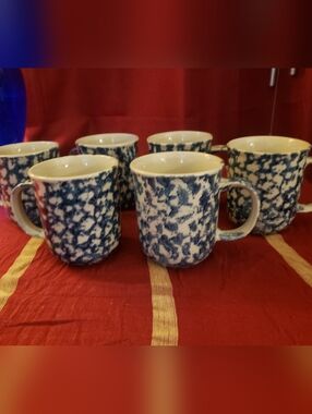 Amazing Vintage Tienshan Folk Craft Blue Spongeware Mugs - Set of 6